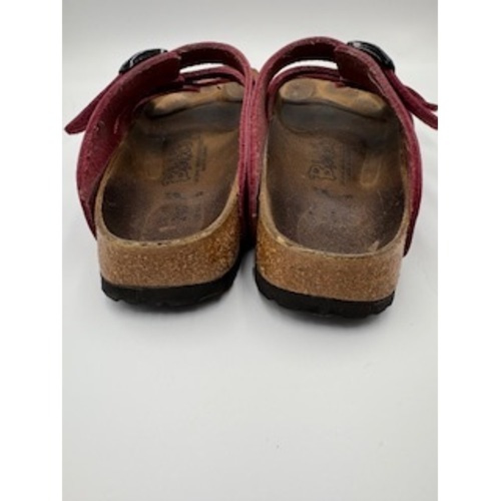 Birki's Birkenstock Sandals 6.5 Burgundy Triple Strap Slide Comfort Gorpcore - Picture 5 of 7